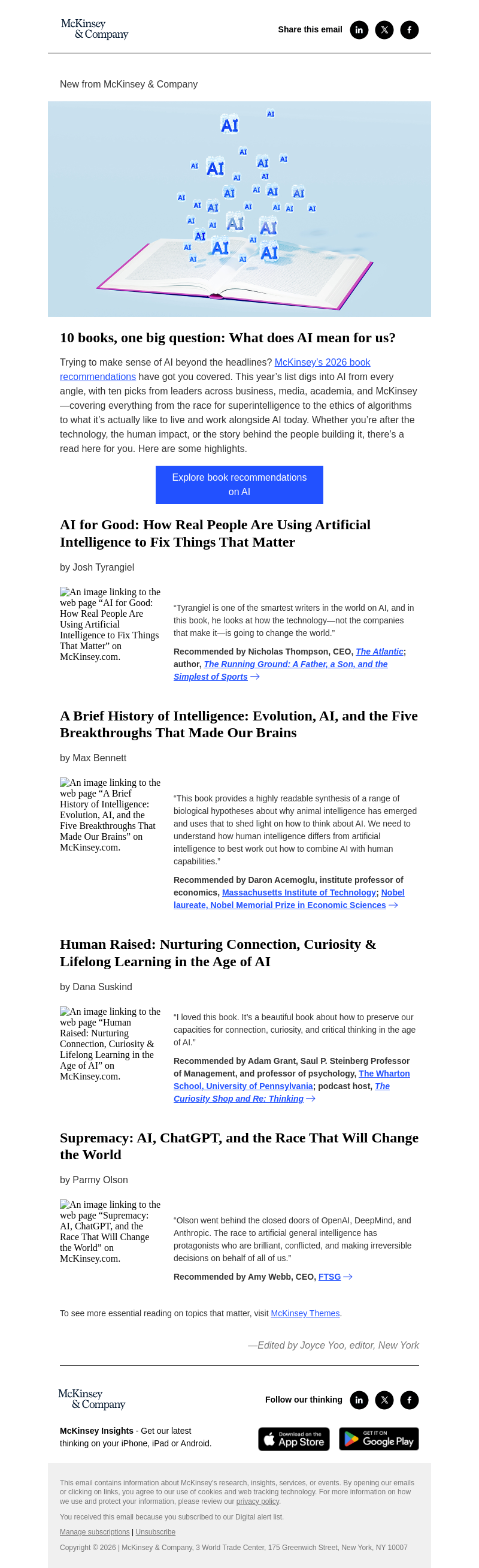 Письмо компании «McKinsey & Company» на тему «10 books, one big question—what does AI mean for us?»