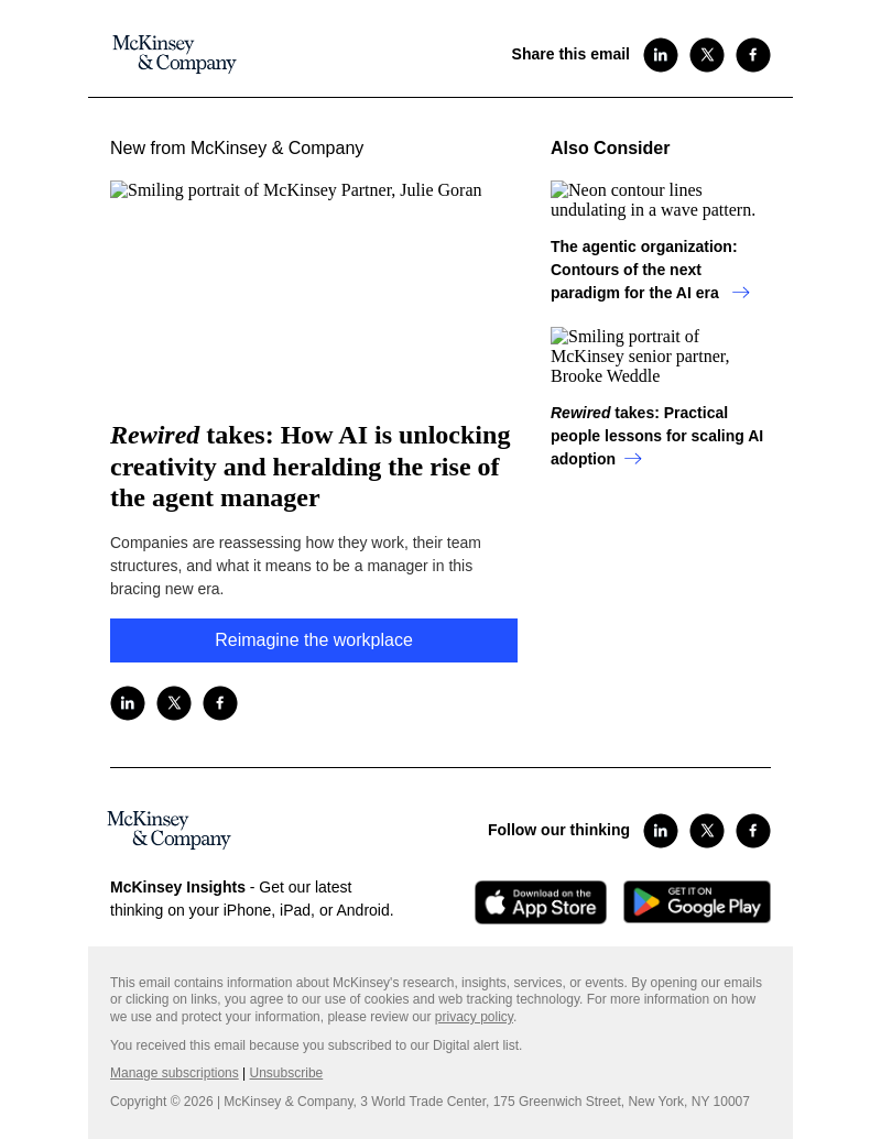Письмо компании «McKinsey & Company» на тему «Rewired takes: How AI is unlocking creativity and heralding the
 rise of the agent manager»