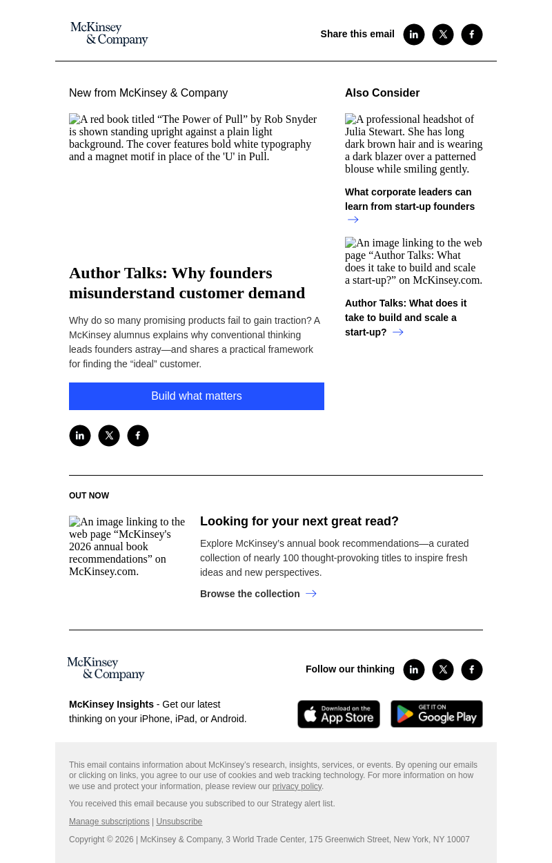 Письмо компании «McKinsey & Company» на тему «Author Talks: Why founders misunderstand customer demand»
