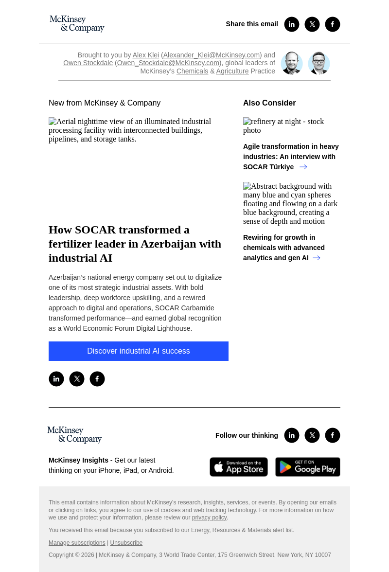 Письмо компании «McKinsey & Company» на тему «How SOCAR transformed a fertilizer leader in Azerbaijan with
 industrial AI»