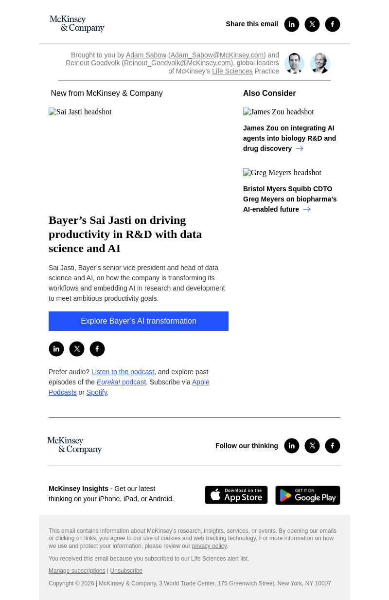 Письмо компании «McKinsey & Company» на тему «Bayer’s Sai Jasti on driving productivity in R&D with data science and AI»
