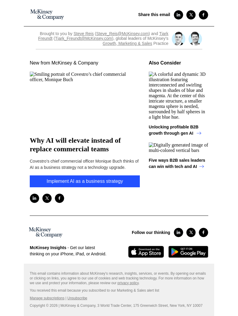 Письмо компании «McKinsey & Company» на тему «Why AI will elevate instead of replace commercial teams»
