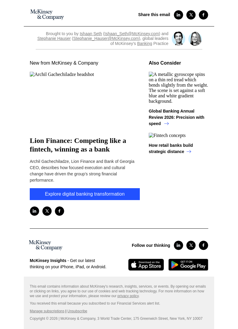 Письмо компании «McKinsey & Company» на тему «Lion Finance: Competing like a fintech, winning as a bank»