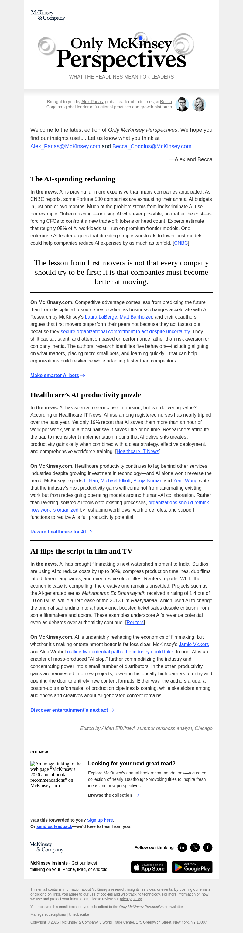 Письмо компании «McKinsey & Company» на тему «Spending smarter on AI, transforming healthcare operations, and
 predicting the future of film»