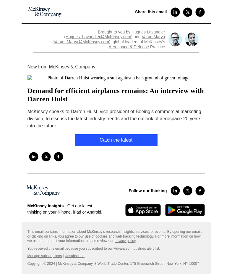 Письмо компании «McKinsey & Company» на тему «Demand for efficient airplanes remains: An interview with Darren
 Hulst»