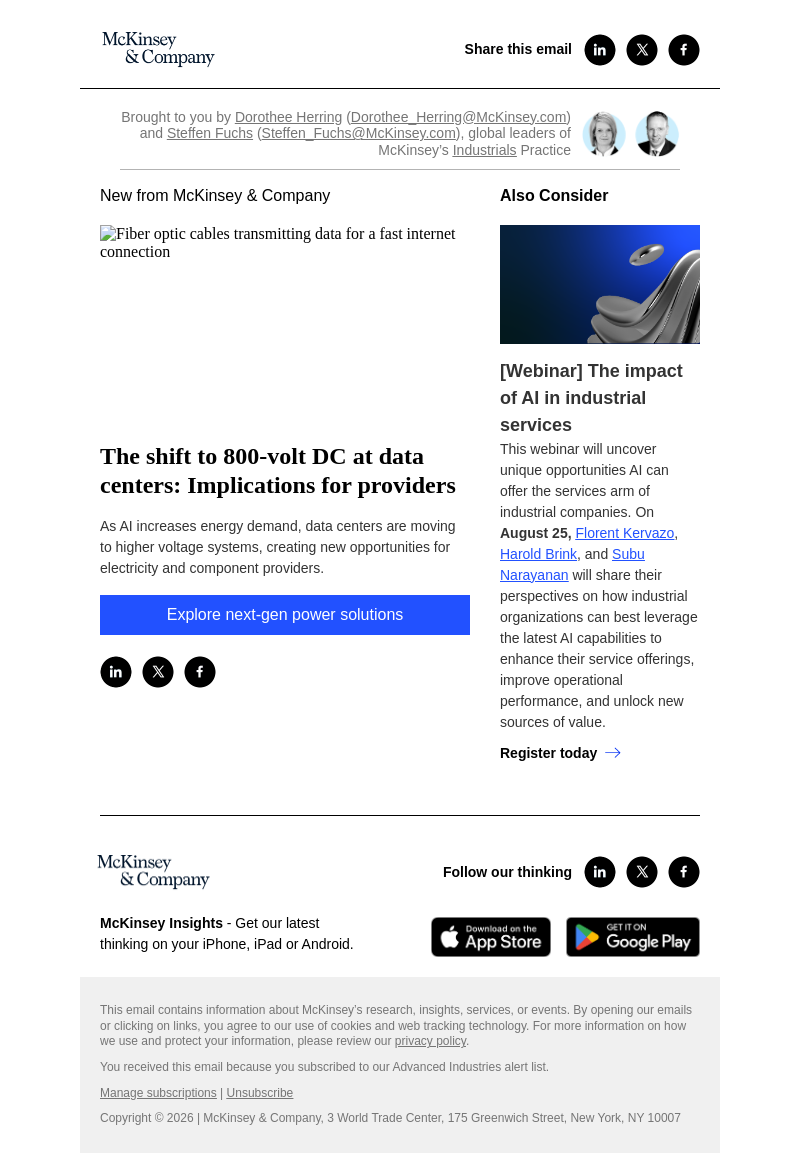 Письмо компании «McKinsey & Company» на тему «The shift to 800-volt DC at data centers: Implications for
 providers»