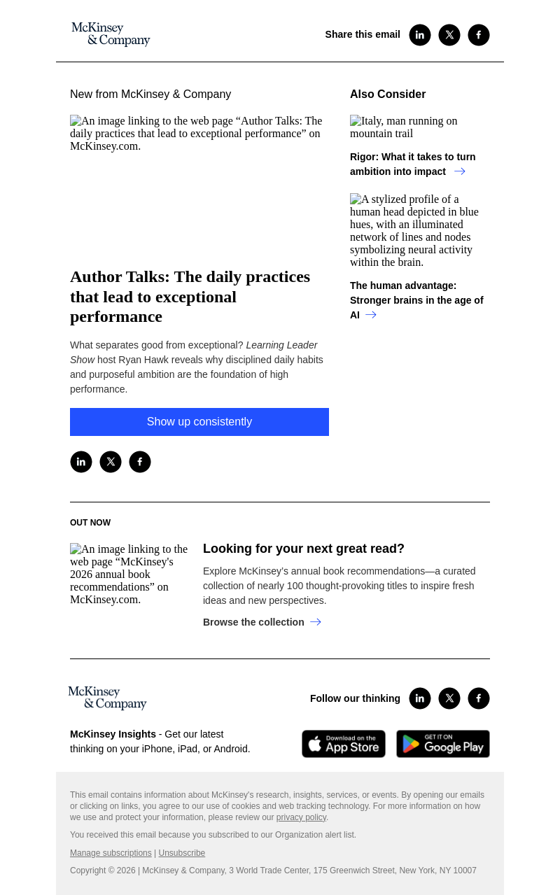 Письмо компании «McKinsey & Company» на тему «Author Talks: The daily practices that lead to exceptional
 performance»