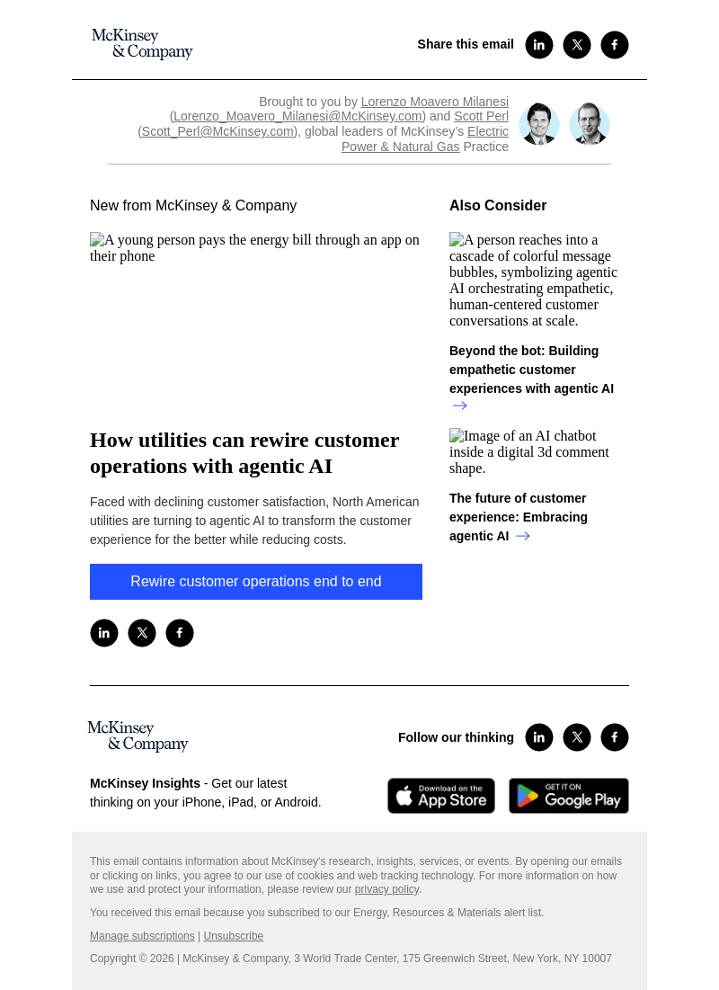 Письмо компании «McKinsey & Company» на тему «How utilities can rewire customer operations with agentic AI»