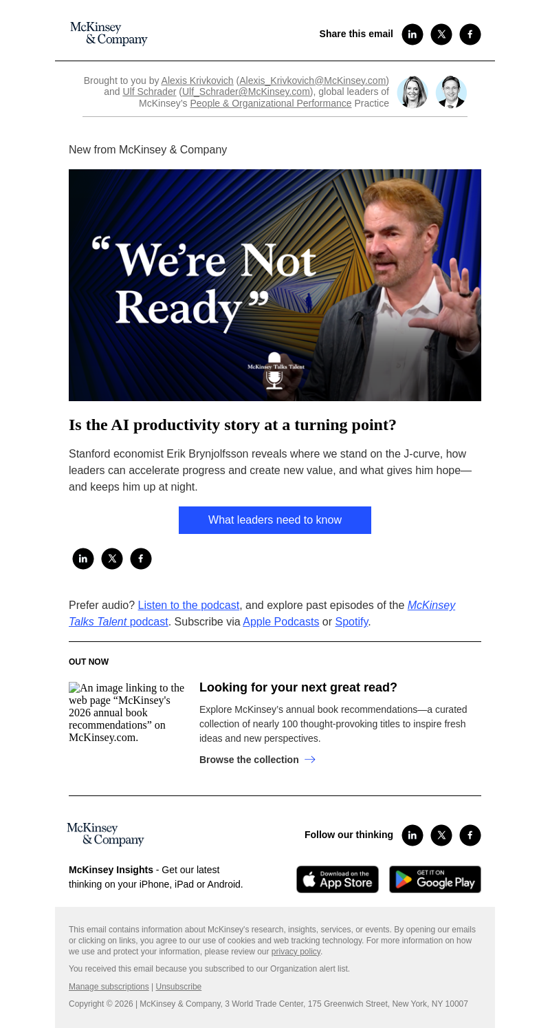 Письмо компании «McKinsey & Company» на тему «Is the AI productivity story at a turning point?»