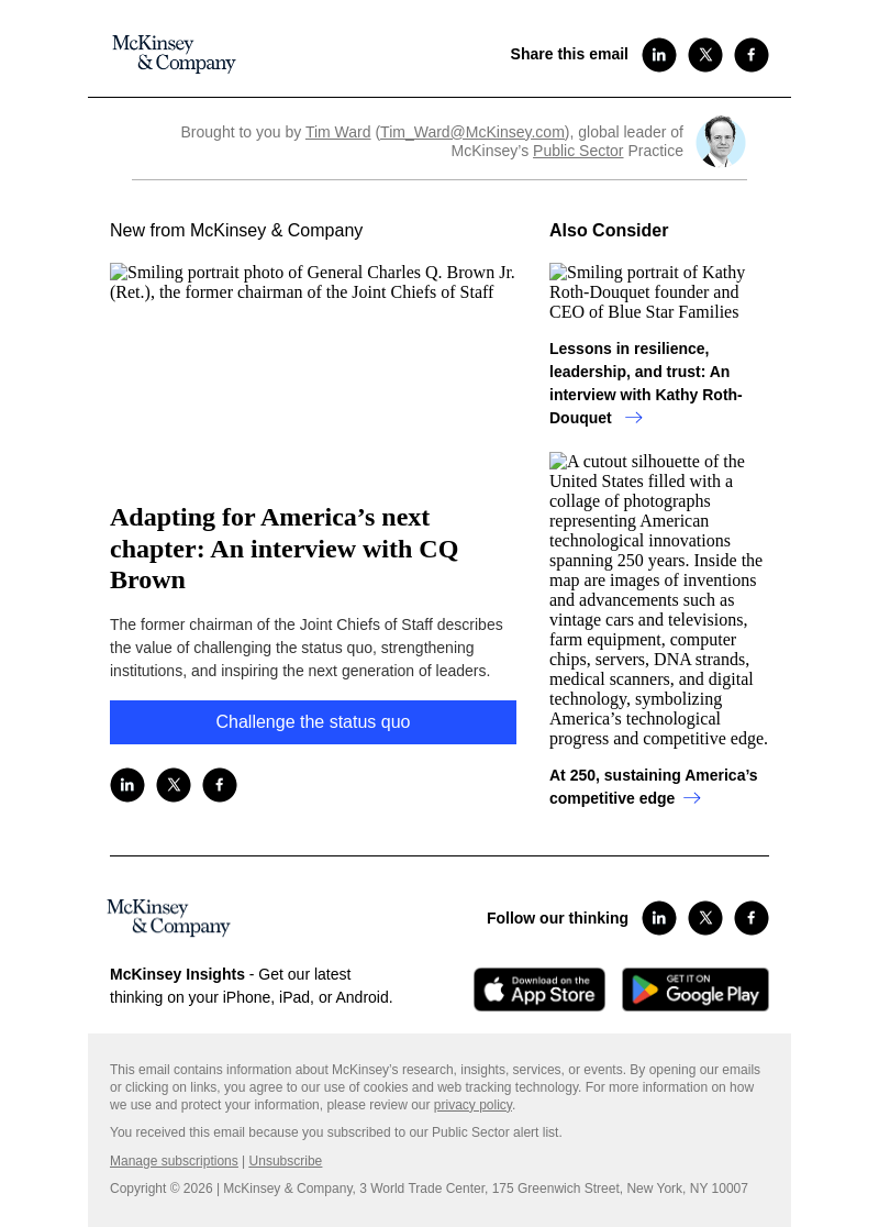 Письмо компании «McKinsey & Company» на тему «Adapting for America’s next chapter: An interview with CQ Brown»