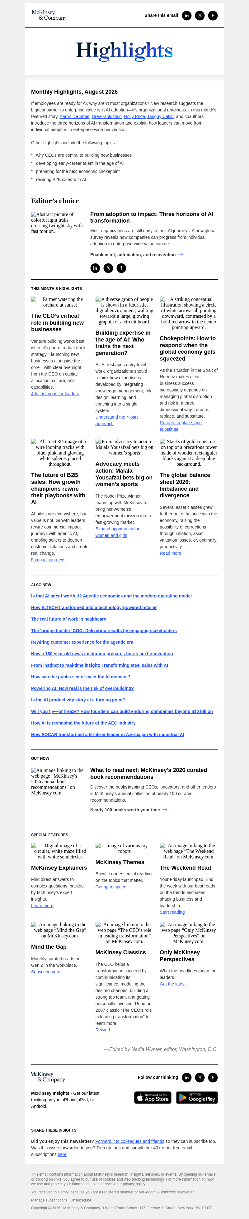 Письмо компании «McKinsey & Company» на тему «Turning AI adoption into enterprise value, the CEO’s role in new-venture building, and more»