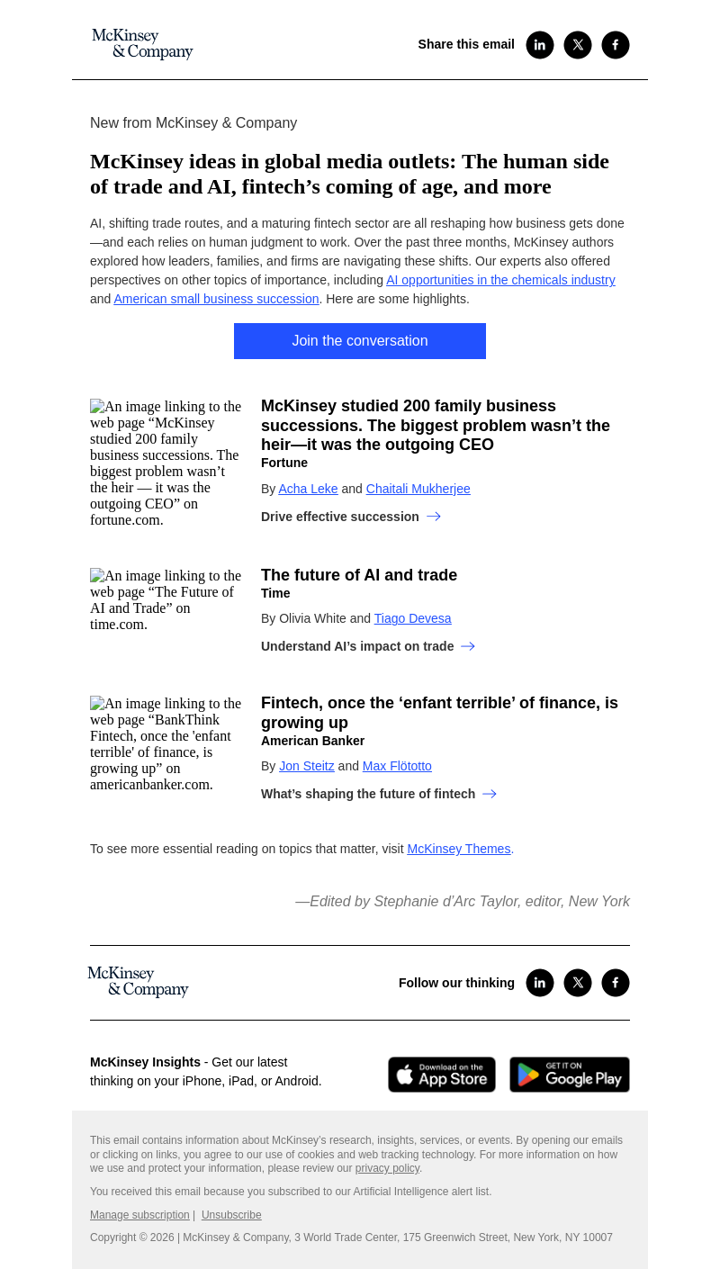 Письмо компании «McKinsey & Company» на тему «McKinsey ideas in global media outlets: The human side of trade and AI, fintech’s coming of age, and more»