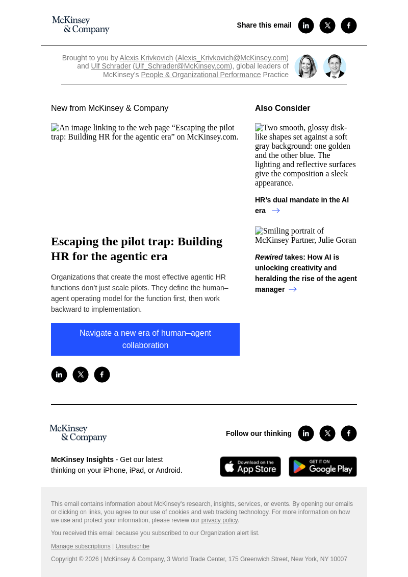 Письмо компании «McKinsey & Company» на тему «Escaping the pilot trap: Building HR for the agentic era»