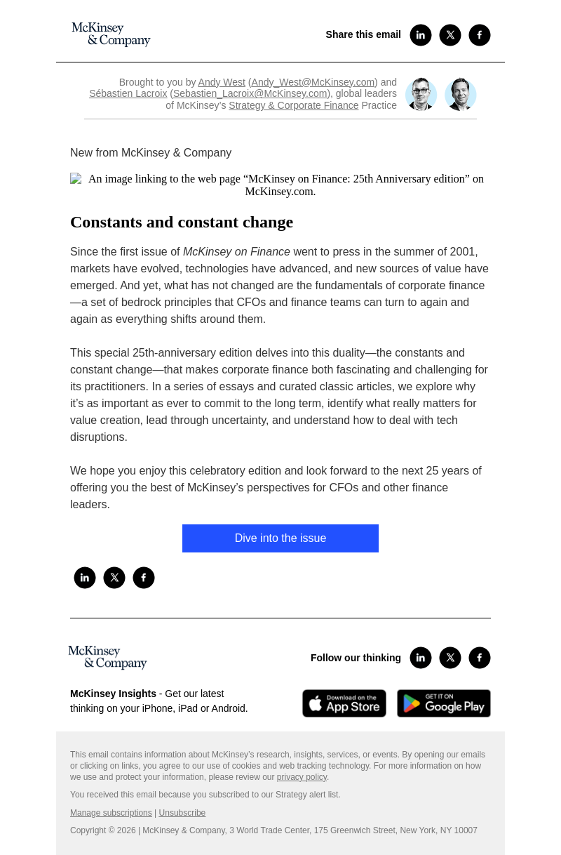 Письмо компании «McKinsey & Company» на тему «McKinsey on Finance: 25th Anniversary edition»