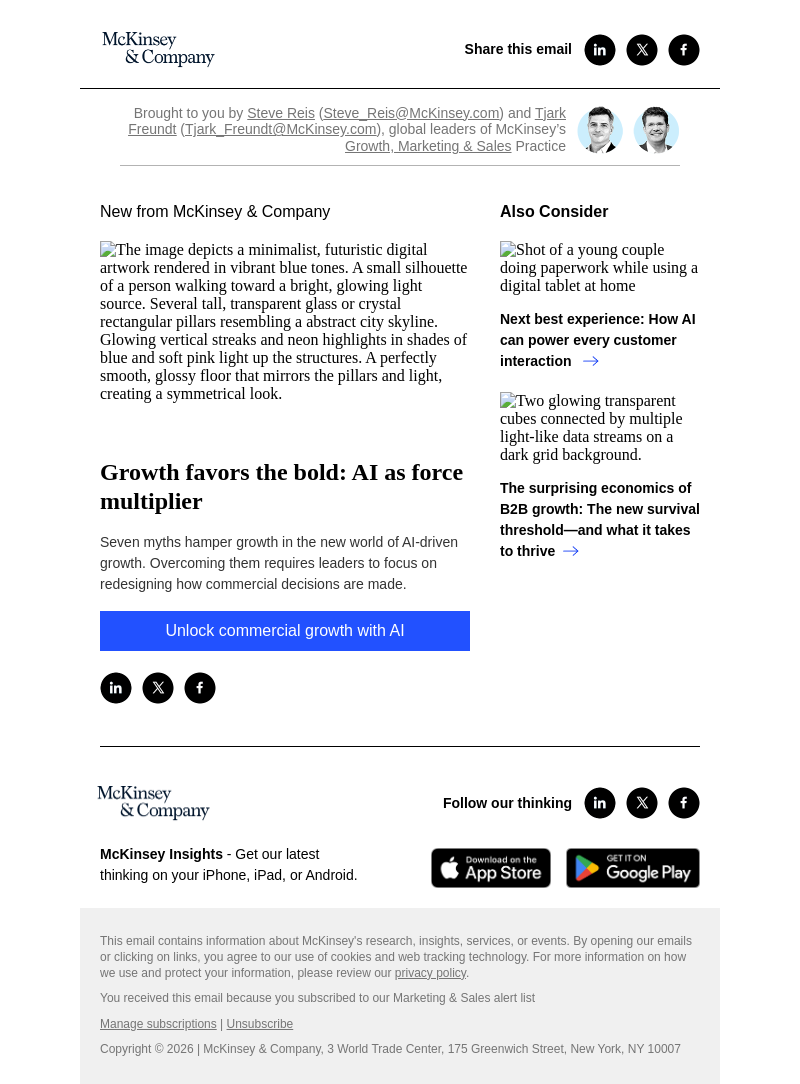 Письмо компании «McKinsey & Company» на тему «Growth favors the bold: AI as force multiplier»