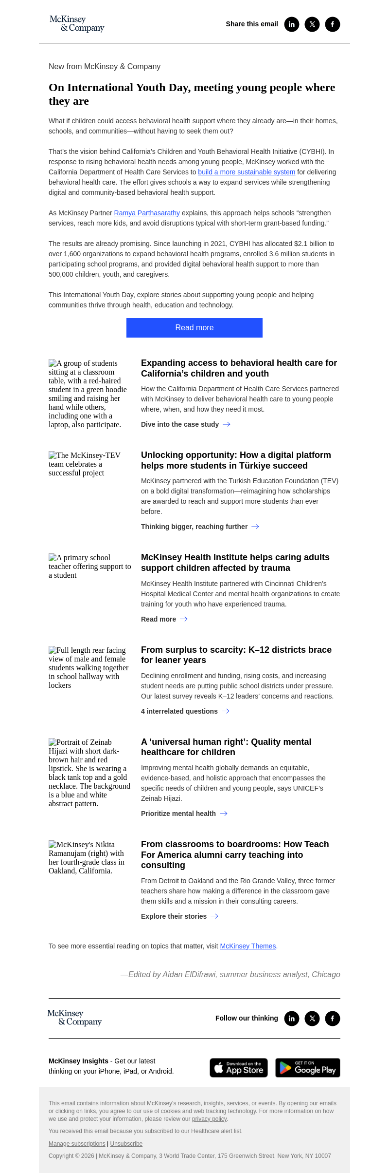 Письмо компании «McKinsey & Company» на тему «Building a better behavioral health system for young people»