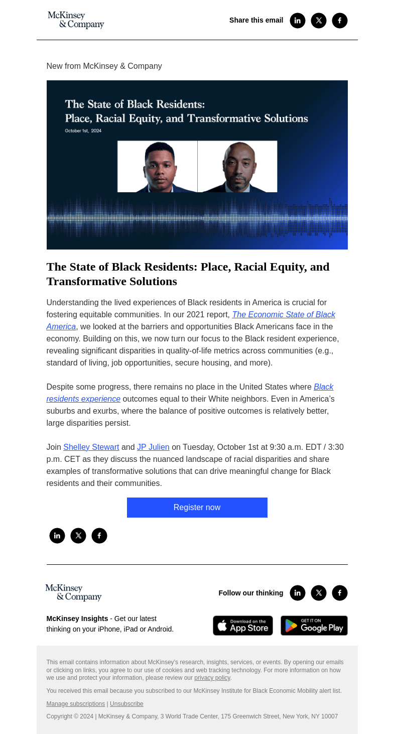 Письмо компании «McKinsey & Company» на тему «You're invited! Join us for a McKinsey Live event on the lived
 experiences of Black residents»