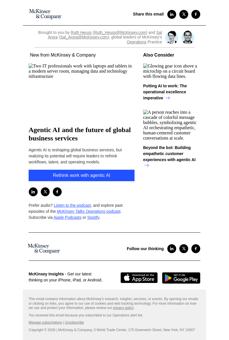 Письмо компании «McKinsey & Company» на тему «Agentic AI and the future of global business services»