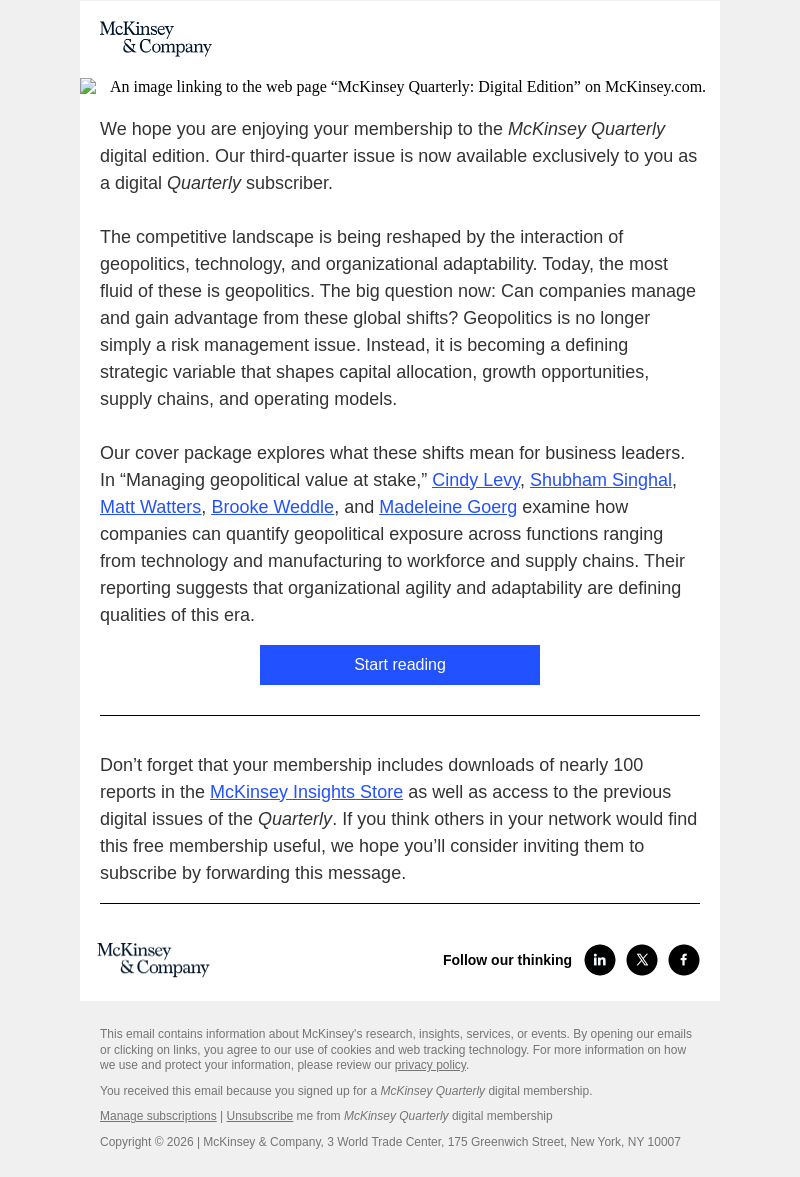 Письмо компании «McKinsey & Company» на тему «Available today: Your latest issue of the McKinsey Quarterly»