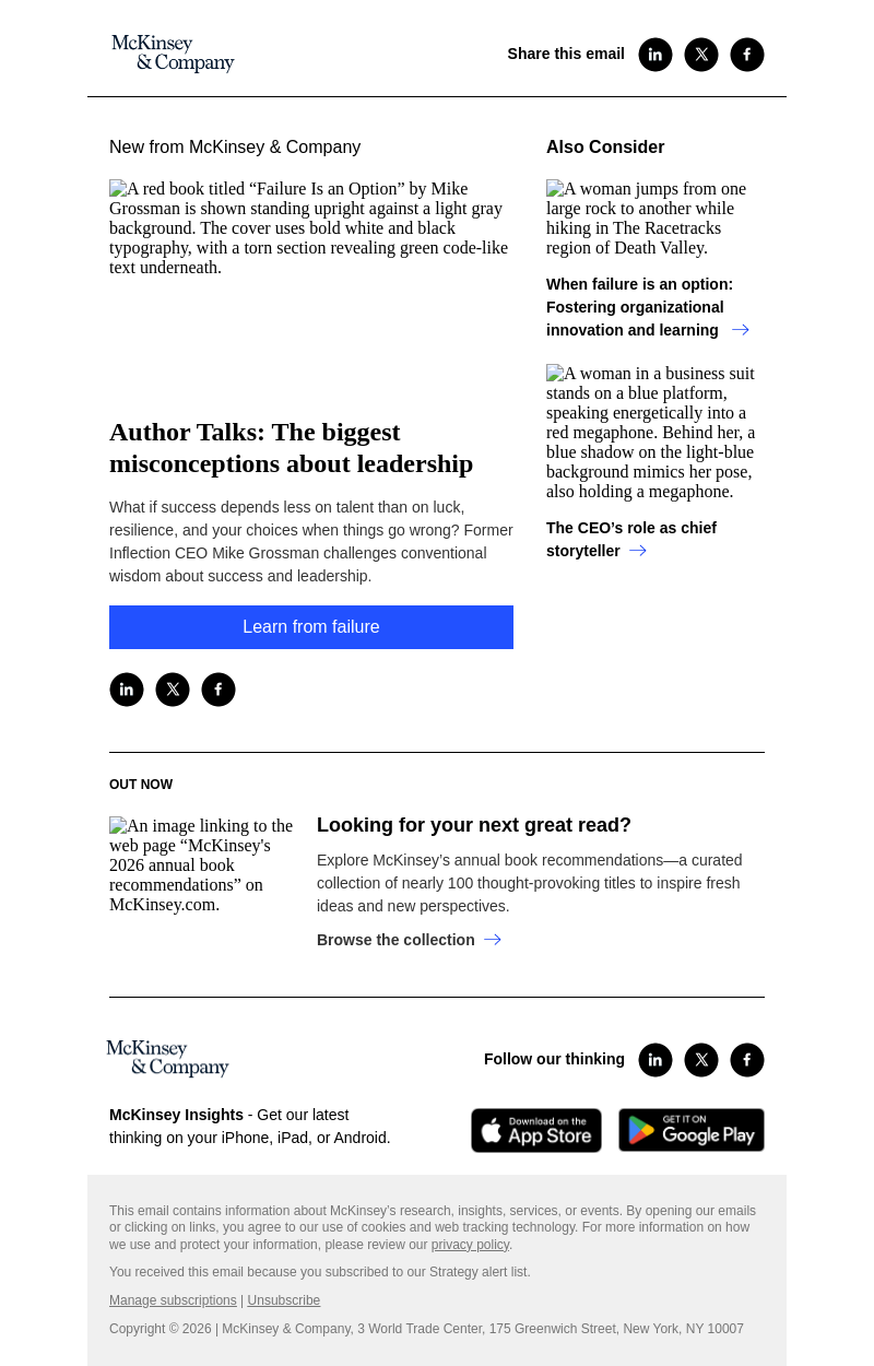 Письмо компании «McKinsey & Company» на тему «Author Talks: The biggest misconceptions about leadership»