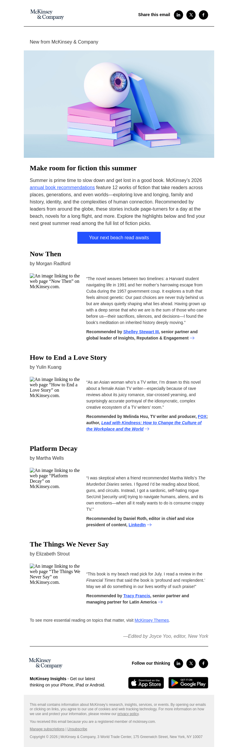 Письмо компании «McKinsey & Company» на тему «12 fiction picks for your summer reading list»
