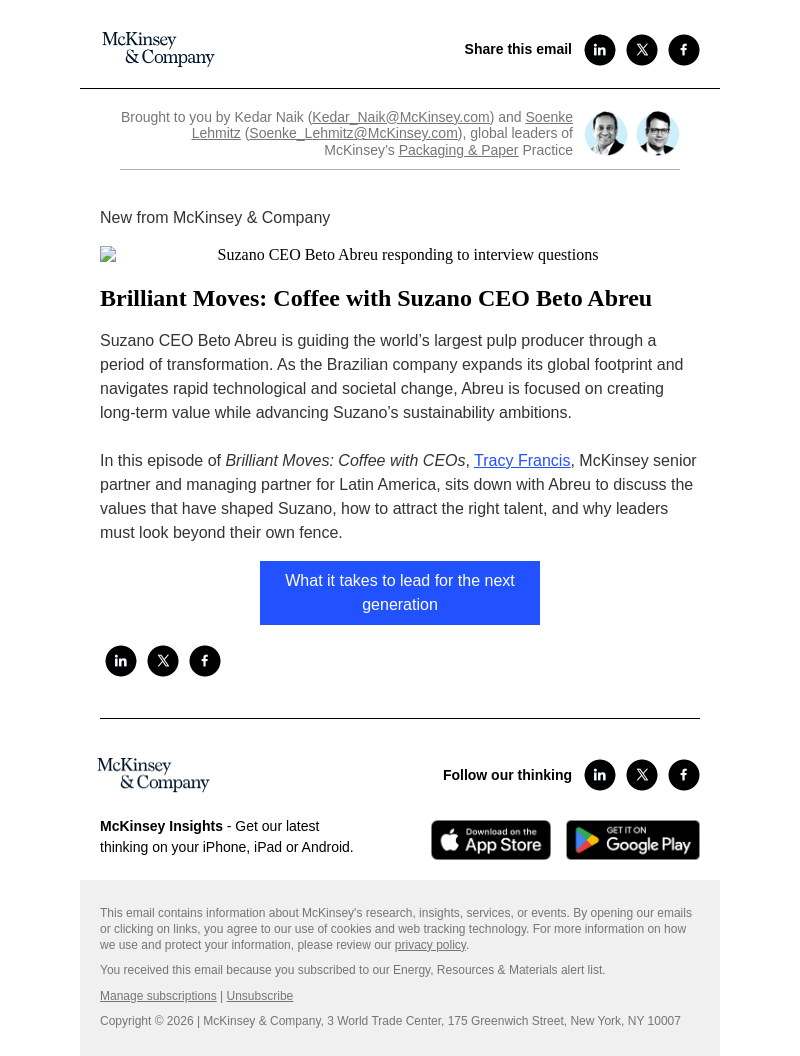 Письмо компании «McKinsey & Company» на тему «Brilliant Moves: Coffee with Suzano CEO Beto Abreu»