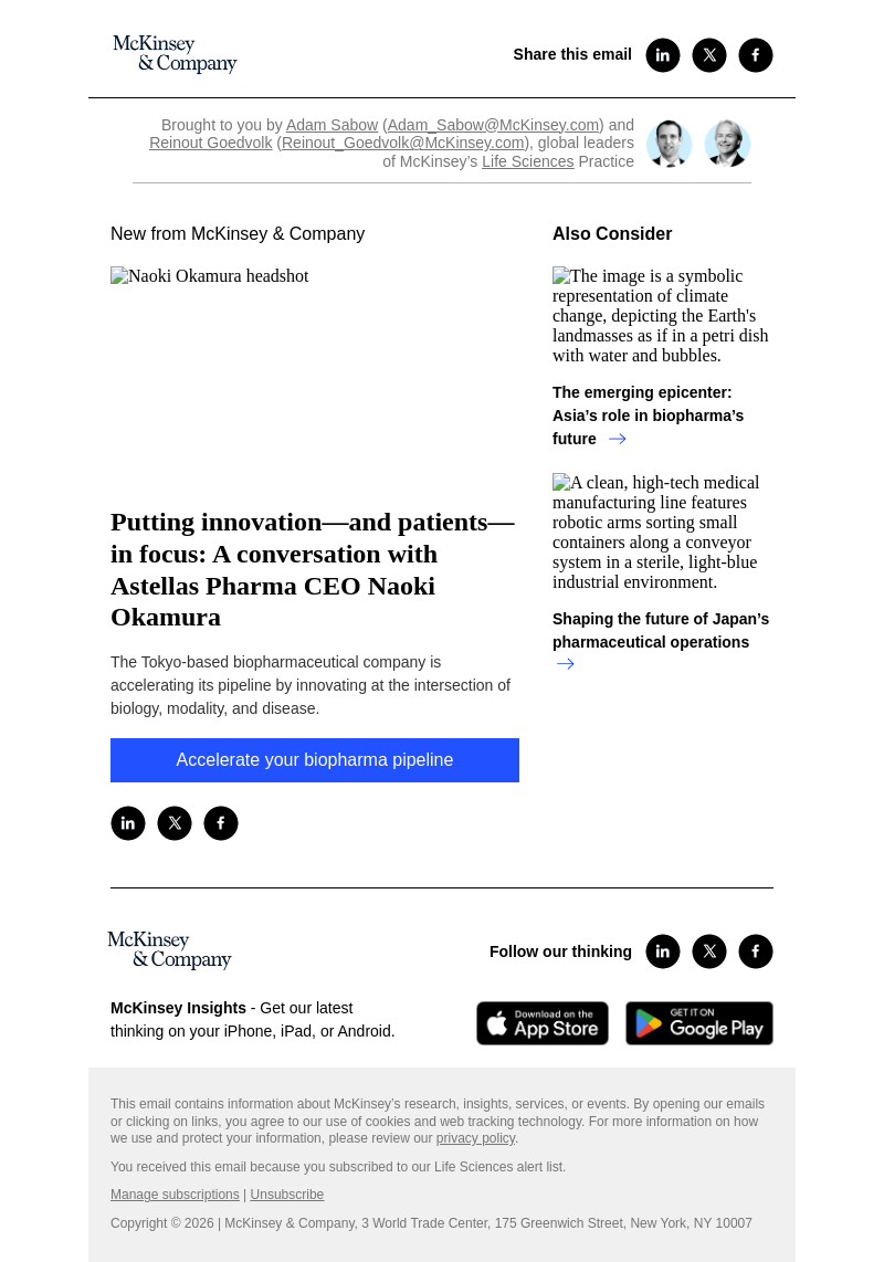 Письмо компании «McKinsey & Company» на тему «Putting innovation—and patients—in focus: A conversation with Astellas Pharma CEO Naoki Okamura»