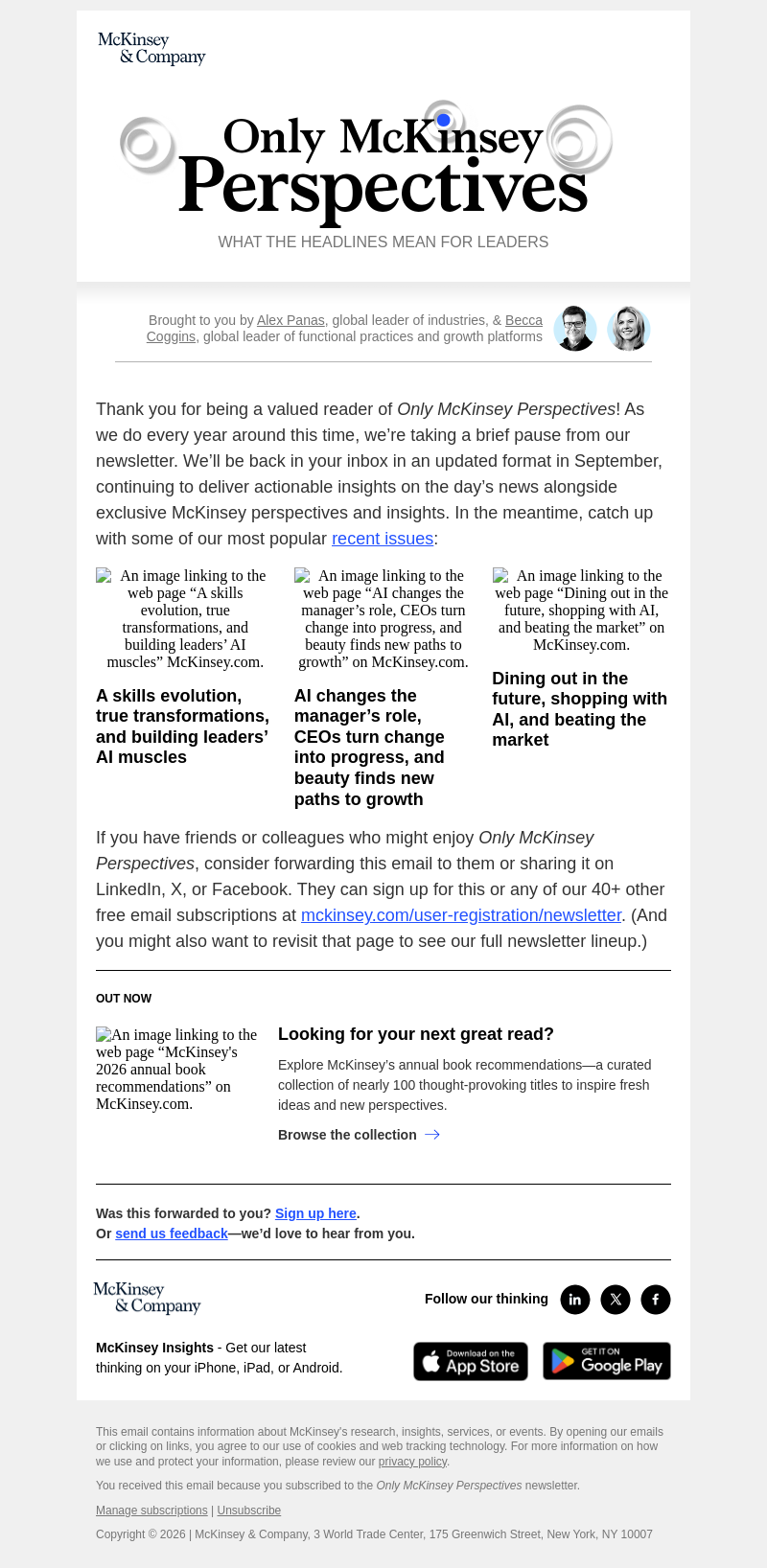 Письмо компании «McKinsey & Company» на тему «We’ll be back soon. Until then, catch up on our most-read issues.»