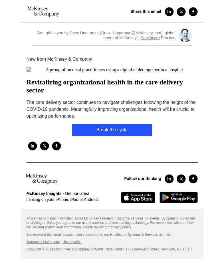 Письмо компании «McKinsey & Company» на тему «Revitalizing organizational health in the care delivery sector»