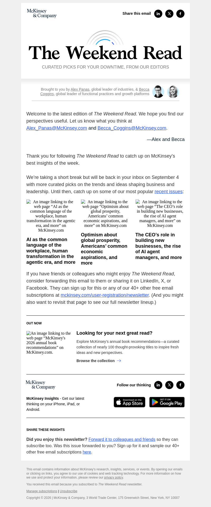 Письмо компании «McKinsey & Company» на тему «Read some of our most popular recent issues»