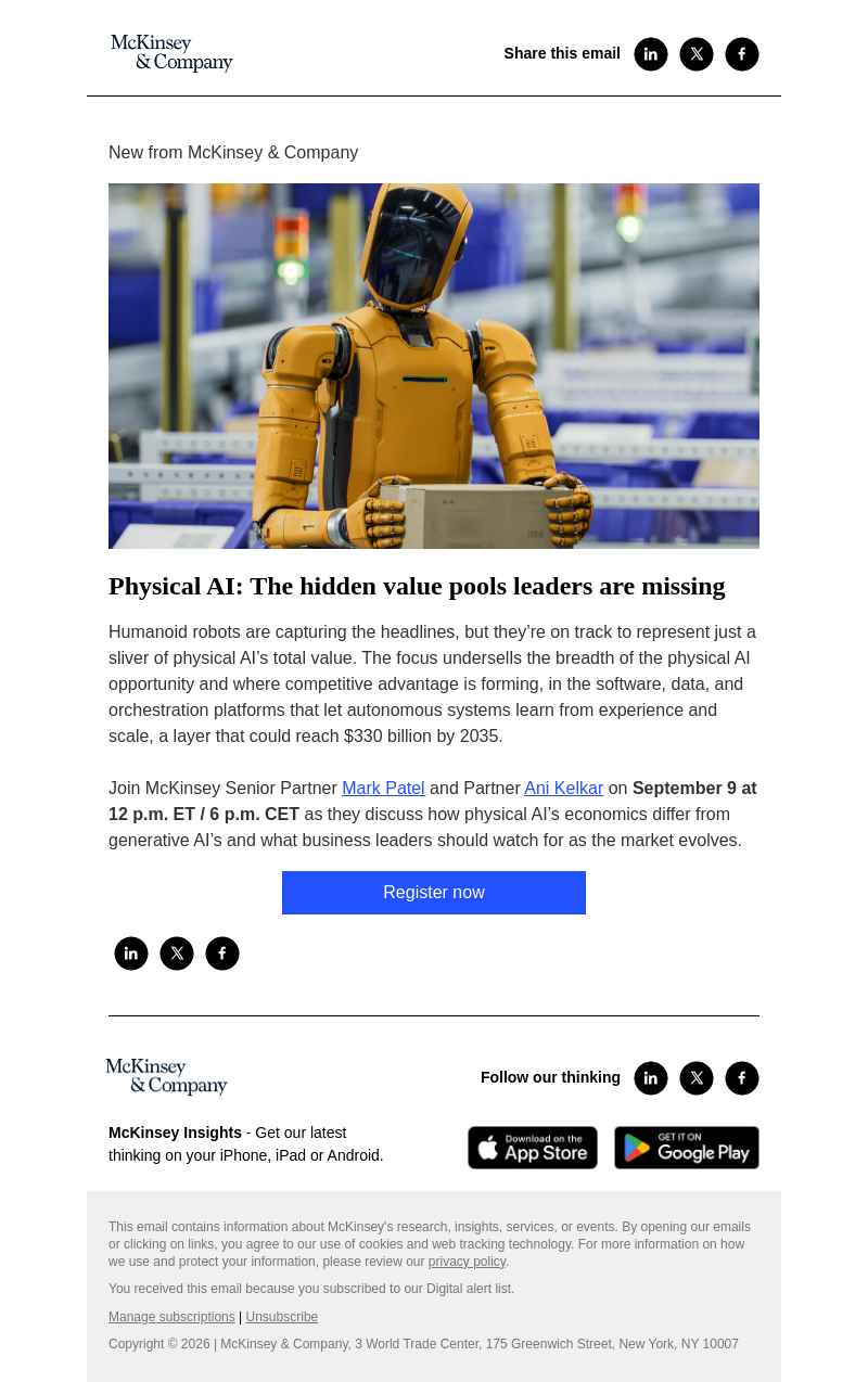 Письмо компании «McKinsey & Company» на тему «You’re invited! Join us for a McKinsey Live virtual event on physical AI »