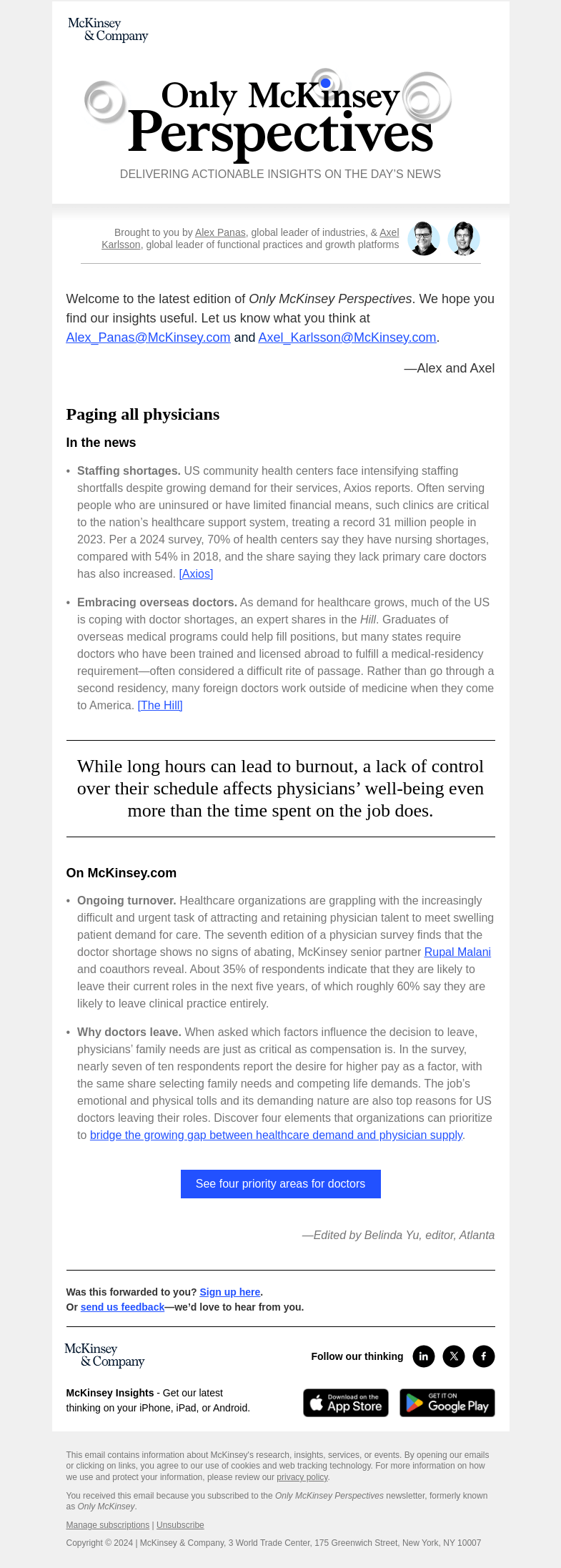 Письмо компании «McKinsey & Company» на тему «Why are US doctors leaving their roles?»