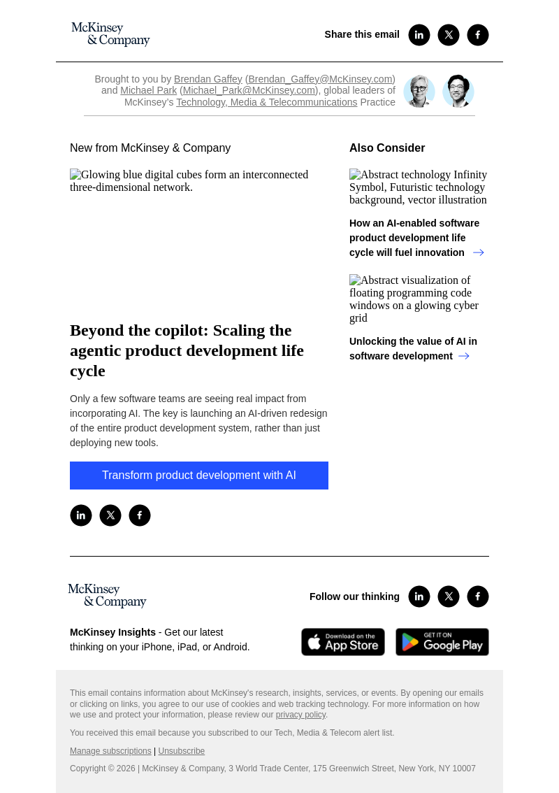 Письмо компании «McKinsey & Company» на тему «Beyond the copilot: Scaling the agentic product development life
 cycle»