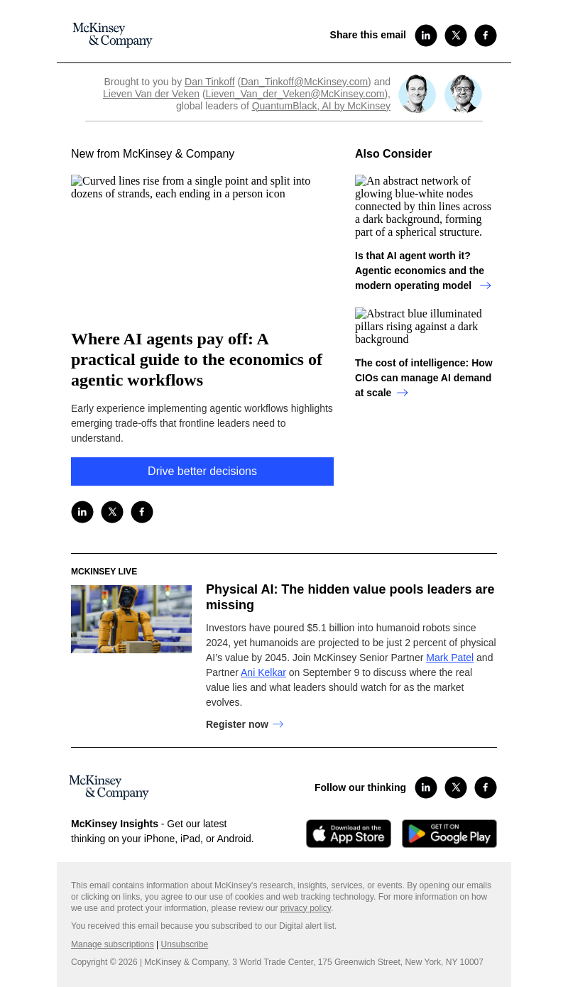 Письмо компании «McKinsey & Company» на тему «Where AI agents pay off: A practical guide to the economics of
 agentic workflows»