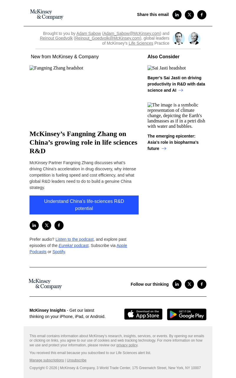 Письмо компании «McKinsey & Company» на тему «McKinsey’s Fangning Zhang on China’s growing role in life sciences R&D»
