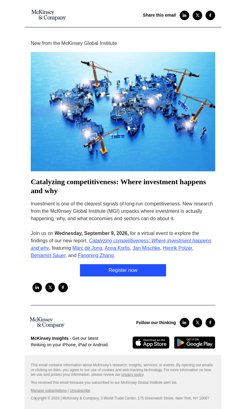 Письмо компании «McKinsey & Company» на тему «[MGI webinar] Catalyzing competitiveness: Where investment happens
 and why»