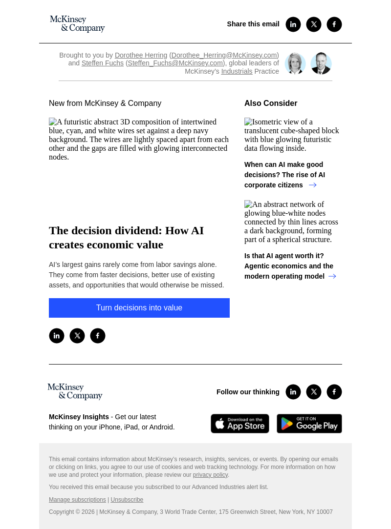 Письмо компании «McKinsey & Company» на тему «The decision dividend: How AI creates economic value»