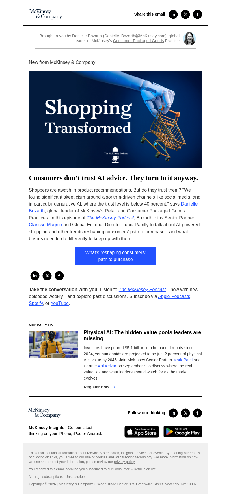 Письмо компании «McKinsey & Company» на тему «Consumers don’t trust AI advice. They turn to it anyway.»