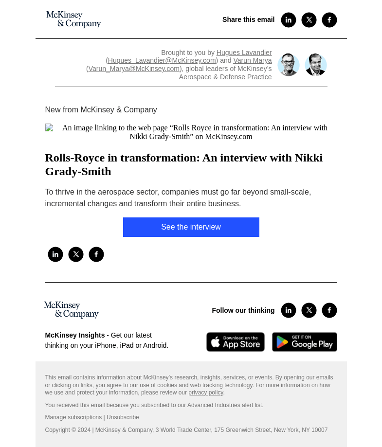 Письмо компании «McKinsey & Company» на тему «Rolls-Royce in transformation: An interview with Nikki Grady-Smith»