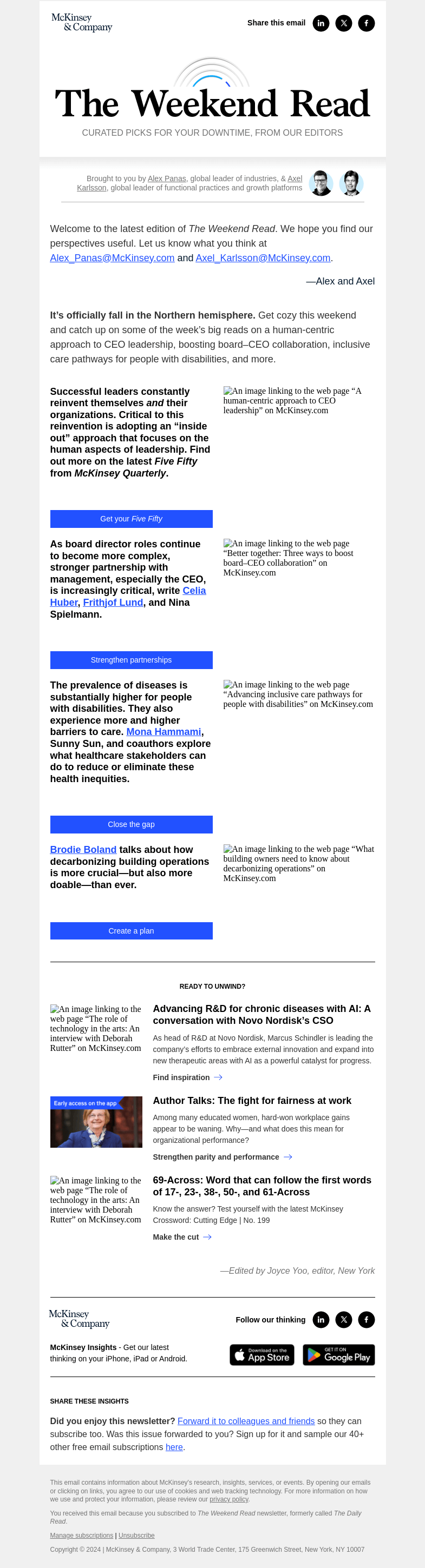 Письмо компании «McKinsey & Company» на тему «A human-centric approach to CEO leadership, board–CEO collaboration, inclusive care for people with disabilities, and more: The Weekend Read»