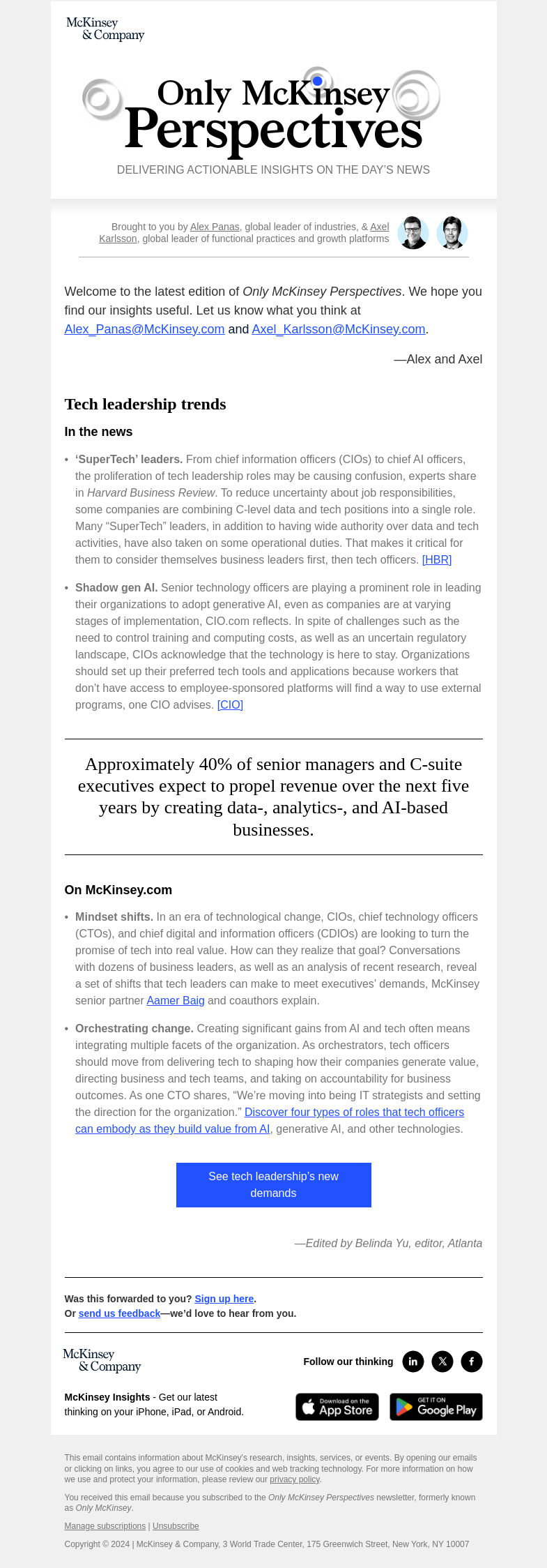 Письмо компании «McKinsey & Company» на тему «What changes are tech officers making to realize value from tech?»