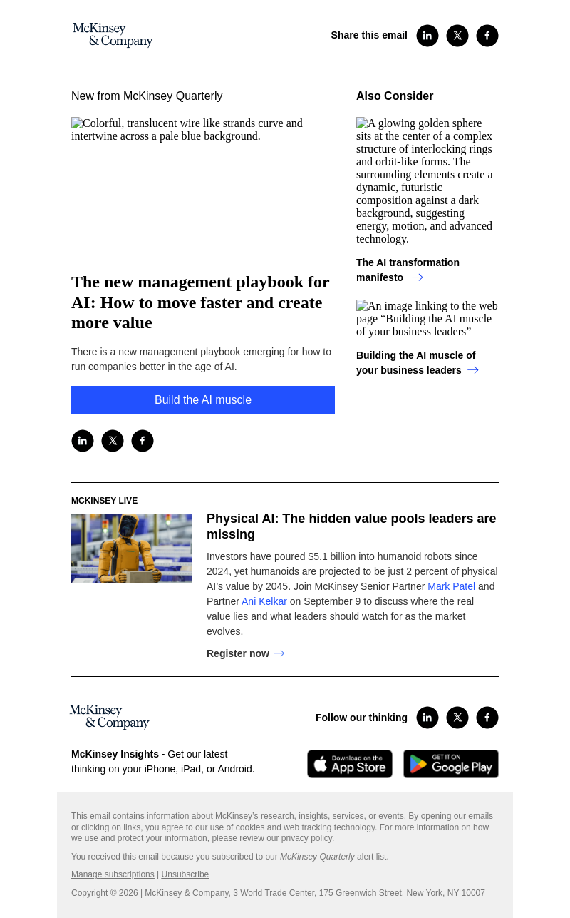 Письмо компании «McKinsey & Company» на тему «The new management playbook for AI: How to move faster and create
 more value»