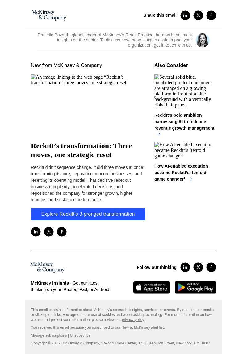 Письмо компании «McKinsey & Company» на тему «Reckitt’s transformation: Three moves, one strategic reset»