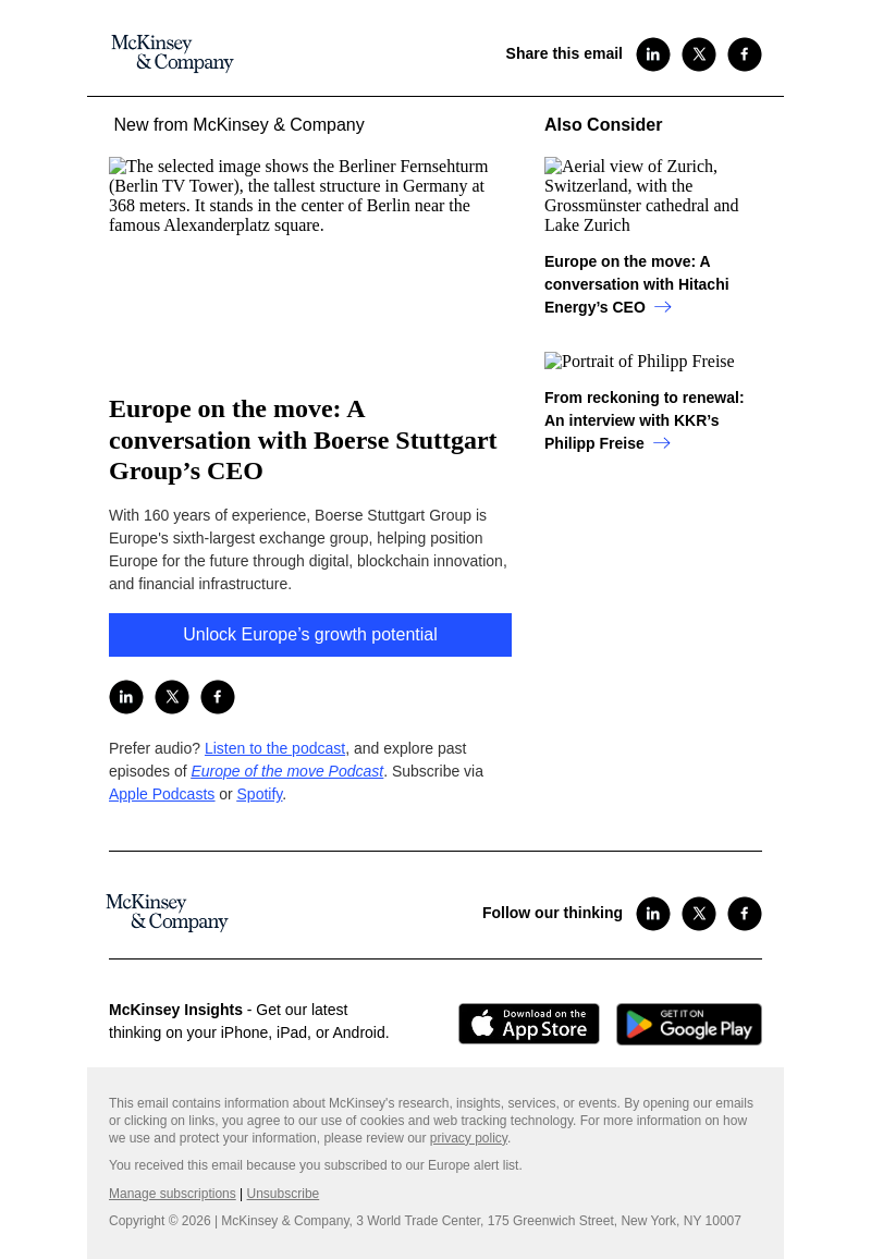 Письмо компании «McKinsey & Company» на тему «Europe on the move: A conversation with Boerse Stuttgart Group’s CEO»