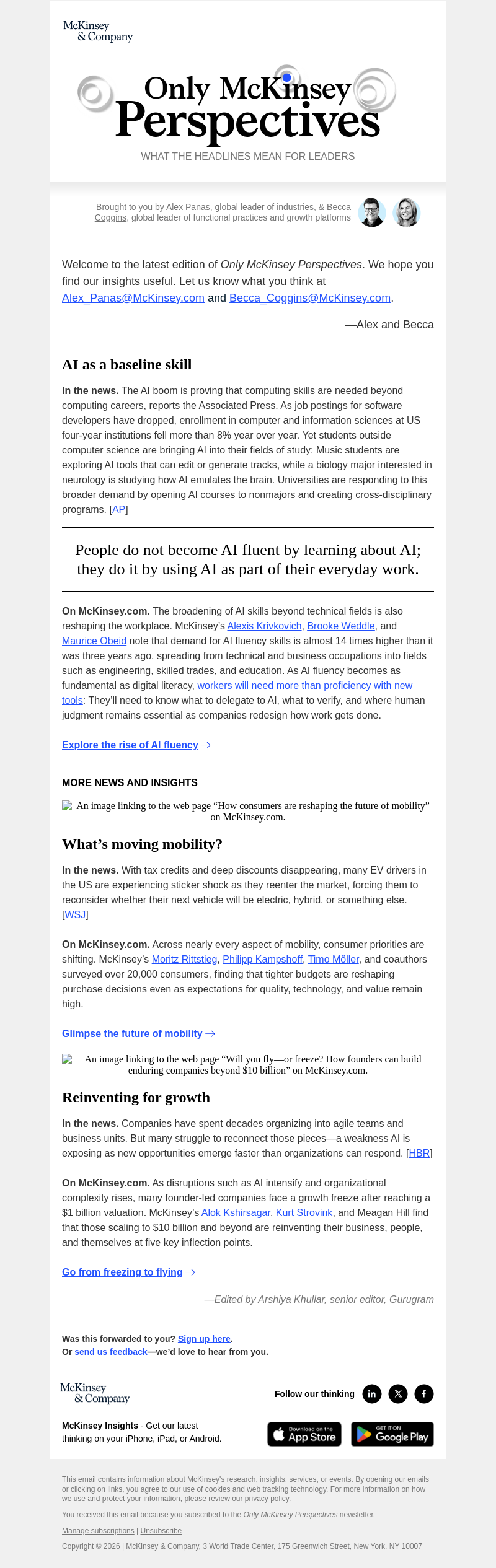 Письмо компании «McKinsey & Company» на тему «AI fluency goes mainstream. Plus, the future of mobility and how
 companies scale»