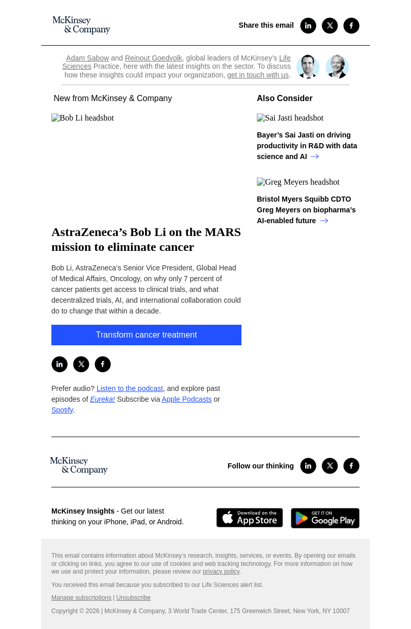 Письмо компании «McKinsey & Company» на тему «AstraZeneca’s Bob Li on the MARS mission to eliminate cancer»