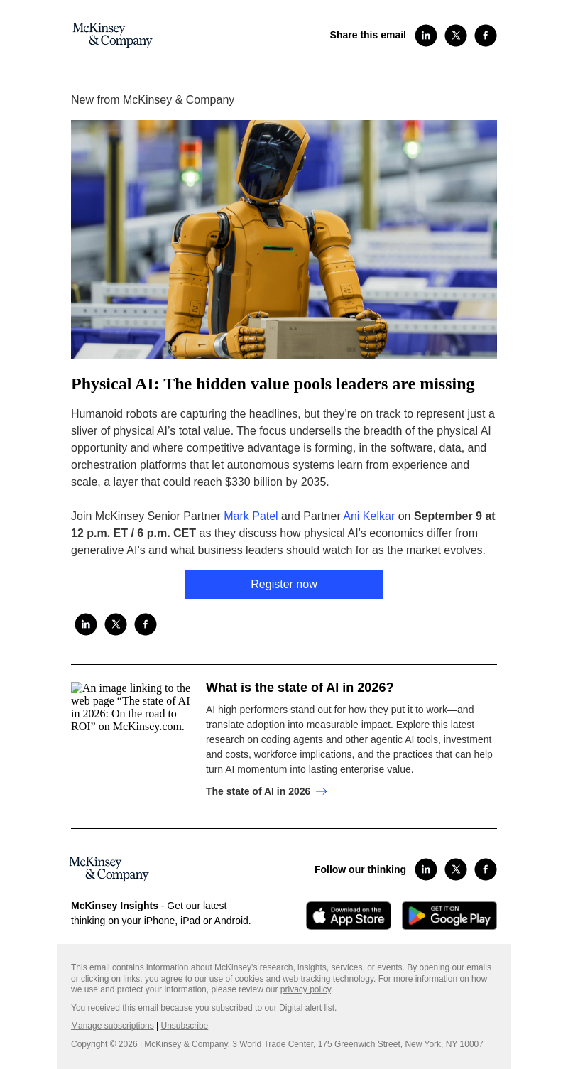 Письмо компании «McKinsey & Company» на тему «[Save your spot] Join us for a McKinsey Live virtual event on
 physical AI»