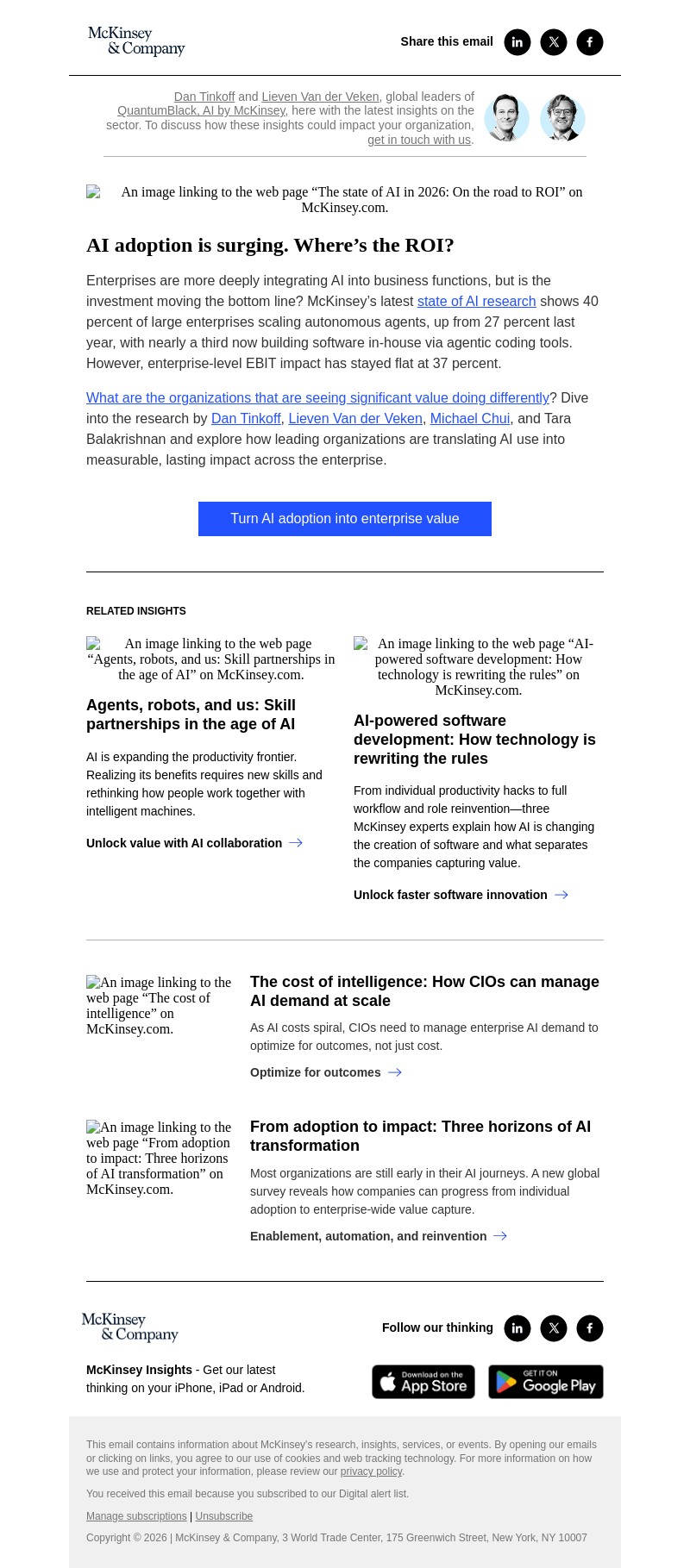 Письмо компании «McKinsey & Company» на тему «AI adoption is surging. Where’s the ROI?»