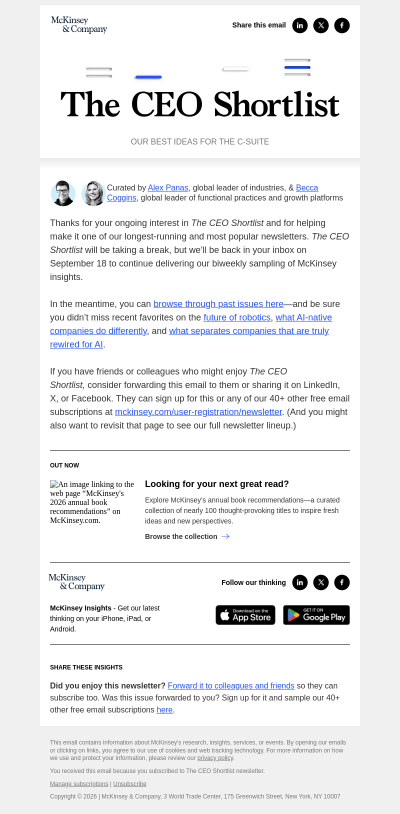 Письмо компании «McKinsey & Company» на тему «We’ll be back—here’s what to read in the meantime»