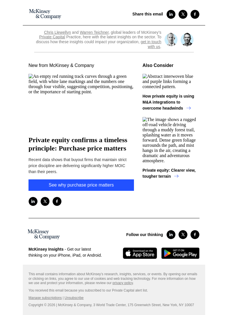 Письмо компании «McKinsey & Company» на тему «Private equity confirms a timeless principle: Purchase price
 matters»